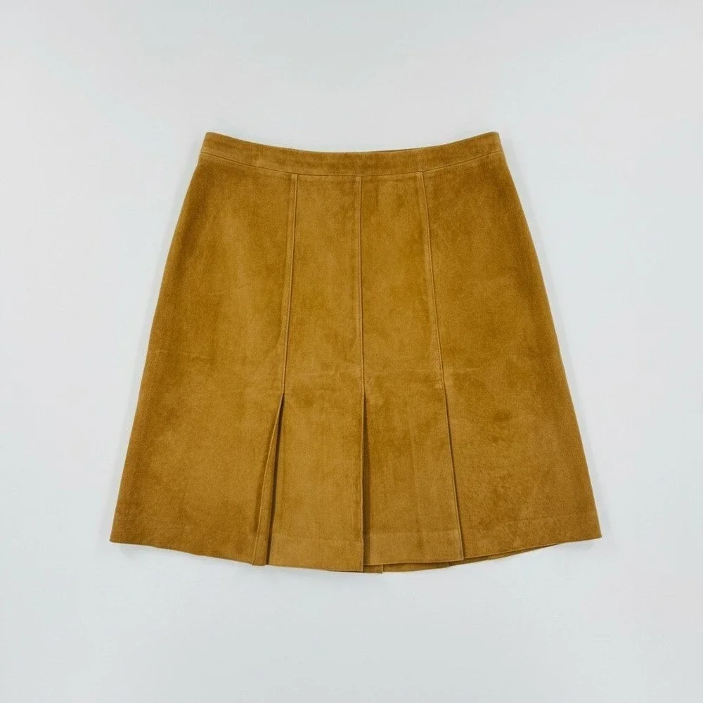Y2K LOFT Petites Suede Leather A-Line Mini Skirt Camel Brown Zip Back Panel 6P
